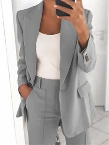 Conjunto de traje de chaqueta gris profesional para mujer con solapa y estilo OL