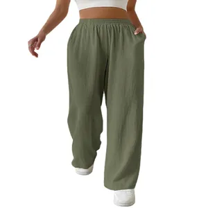 Casual olive green wide-leg trousers with elastic waist for women