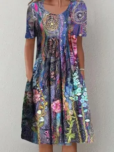 Women Round Neck Short Sleeve Printed A-Line Maxi Dress Summer Casual High Waist Pleated Elegant Flare Dress With Pockets