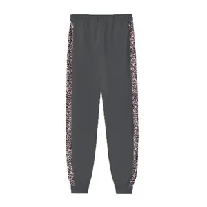 Pantaloni sportivi grigi da donna con strisce laterali leopardate e vita elastica