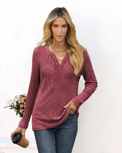 Close-up of women's mauve V-neck ribbed knit long-sleeved casual T-shirt.