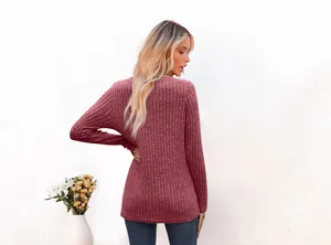 Detailed back view of women's ribbed knit long sleeve t-shirt in solid wine red color