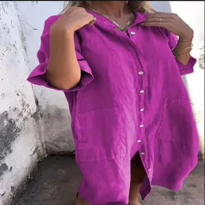 Casual loose-fit magenta purple linen button-down shirt dress with large pockets