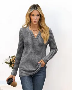 Elegant grey ribbed V-neck long sleeve casual t-shirt worn by a model in lifestyle shot