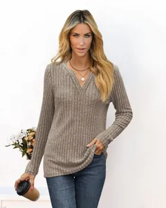 Elegant women's V-neck ribbed knit long sleeve top in a soft taupe casual style