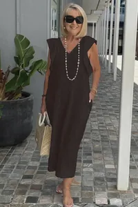 Elegant dark coffee cotton linen maxi dress featuring ruffle sleeves and a V-neckline