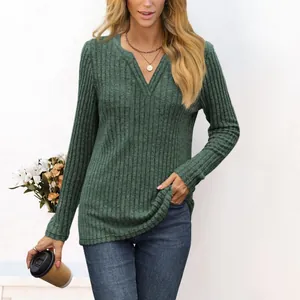 Elegant women's casual v-neck long sleeve ribbed t-shirt top in solid dark green