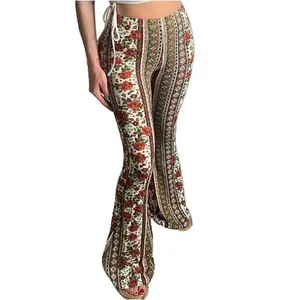 Pantalon évasé bohème à imprimé fleuri avec taille haute et tissu élastique