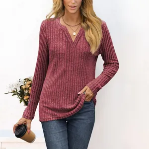Elegant women's casual V-neck long sleeve ribbed knit T-shirt top in dusty rose color
