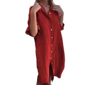 Elegant loose casual red cotton linen midi shirt dress with middle sleeves for summer