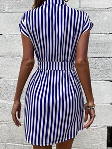 Rear view of a blue and white vertical striped women's dress with batwing sleeves.