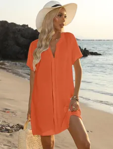 Summer casual V-neck shirt dress in vibrant orange, perfect for beach vacation wear