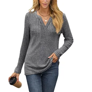 Casual women's grey rib-knit long sleeve T-shirt with V-neck in a loose comfortable fit
