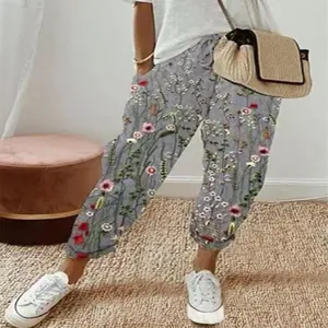 Damen Jogginghose aus Baumwollleinen mit Blumenmuster, elastischem Bund und 9/10 Länge
