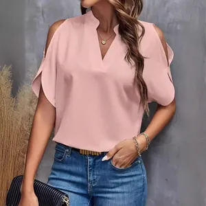Elegant pink V-neck cold shoulder blouse for summer fashion and casual daily wear.