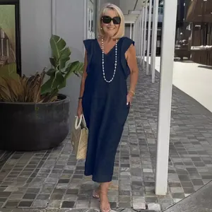 Women's Summer Cotton Linen Midi Dress V-Neck Flutter Sleeve Back Tie Loose Casual Holiday Dress