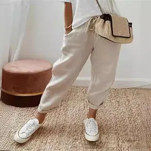 Casual women's cotton linen cropped pants with elastic waist in beige color
