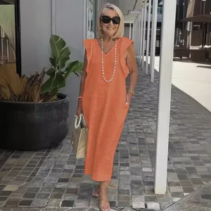 Casual summer cotton linen dress with vibrant orange flutter sleeves for women