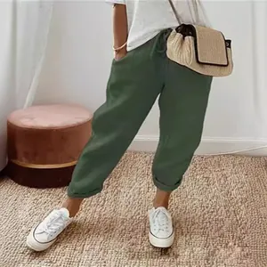 Women's casual cotton linen cropped pants with elastic drawstring waist in olive green