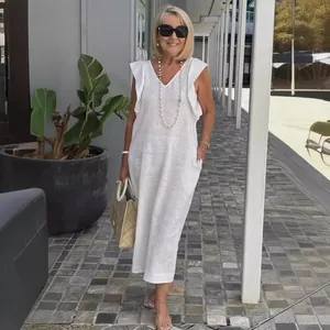 Elegant white V-neck cotton linen dress with flutter sleeves for summer street style