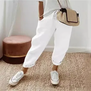 Women's white casual cotton linen trousers with elastic drawstring waist and cropped fit