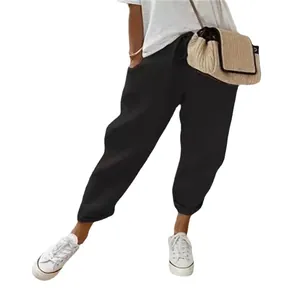 Women's casual black cotton linen elastic waist cropped pants with drawstring design