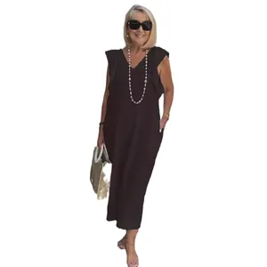 Elegant summer cotton linen midi dress featuring ruffled sleeves and a back lace-up design