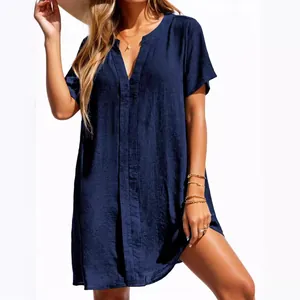 Elegant navy blue casual V-neck shirt dress perfect for summer beach and outdoor holidays