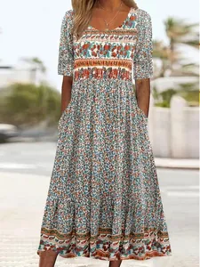 Detailed view of a stylish bohemian floral printed maxi dress with round neck and short sleeves