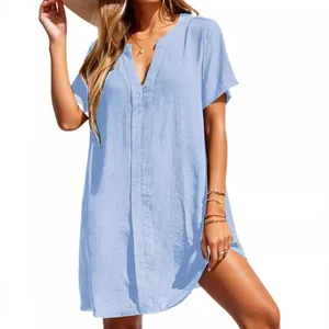 Stylish light blue V-neck short sleeve mini shirt dress for casual summer beach wear outfit
