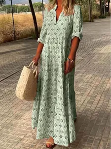 Elegante vestido largo vintage verde menta con cuello mao y estampado de hojas