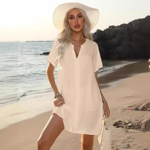 Elegant apricot V-neck short sleeve shirt dress for women's summer beach vacation