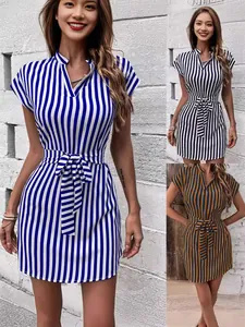Women Striped V-Neck Batwing Sleeve Mini Dress Casual Tie-Waist Printed Polyester Pullover Slim Fit Summer Holiday Dress