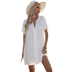 Summer casual white V-neck shirt dress for beach wear with loose short sleeves