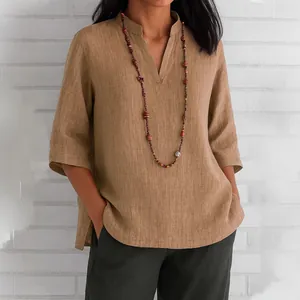 Casual V-neck cotton linen shirt with 3/4 sleeves in earthy brown tone for women
