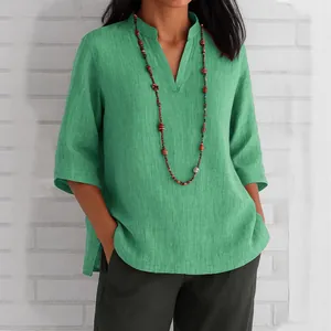 Casual green V-neck cotton linen blouse with three-quarter sleeves for women wear