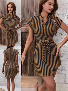 Mustard and navy vertical striped belted dress with V-neck and batwing sleeves