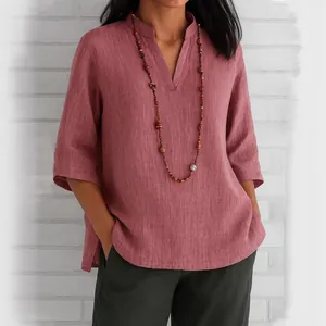 Relaxed fit dusty rose cotton linen blouse with V-neckline and 3/4 sleeves casual shirt