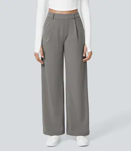 Detailed front view of women's grey high-waist wide-leg dress pants for casual office wear