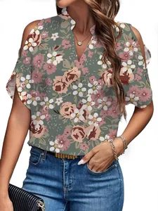 Elegant green floral V-neck blouse with stylish cold shoulder sleeves for women