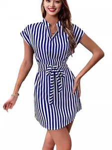 Stylish blue and white vertical striped mini dress with batwing sleeves and waist tie belt