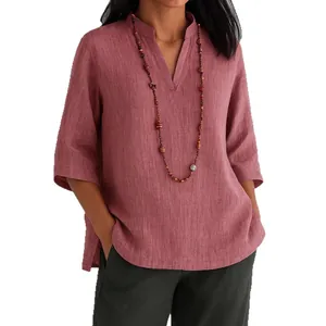 Casual loose V-neck cotton linen tunic shirt with 3/4 sleeves in dusty rose for women