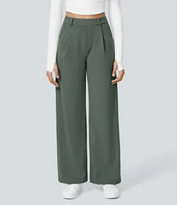 Front view of women's olive green wide-leg suit pants showing the high-waist fit detail