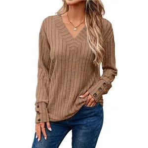 Top casual a maniche lunghe con scollo a V da donna color talpa con bottoni sui polsini