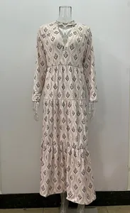 Vestido largo vintage con cuello en V, manga larga y estampado de hojas