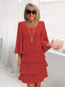 Elegant red tiered ruffle dress for women featuring a round neck and loose fit
