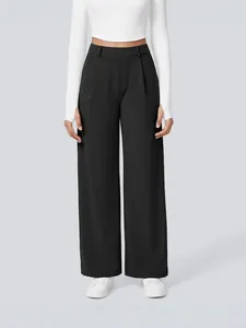 Women High Waist Wide Leg Suit Pants Loose Solid Color Straight Trousers With Pockets Casual Office Trousers Bottom