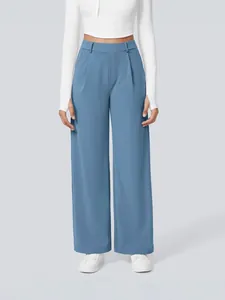 High-waisted blue wide-leg suit pants for women featuring pleats and side pockets.