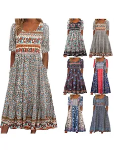 Women's Bohemian Printed Maxi Dress Round Neck Short Sleeve A-Line Vacation Casual Long Dress For Summer Casual Printed Dress