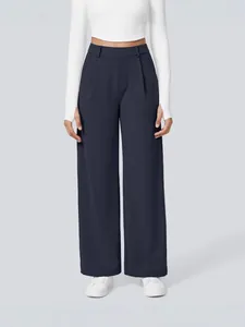 Elegant women's dark blue high-waist wide leg casual suit pants with functional pockets
